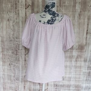 Lane Bryant Sz 18 / 20 MSRP $59.00 Pink & White Smocked Blouse with Relaxed Fit